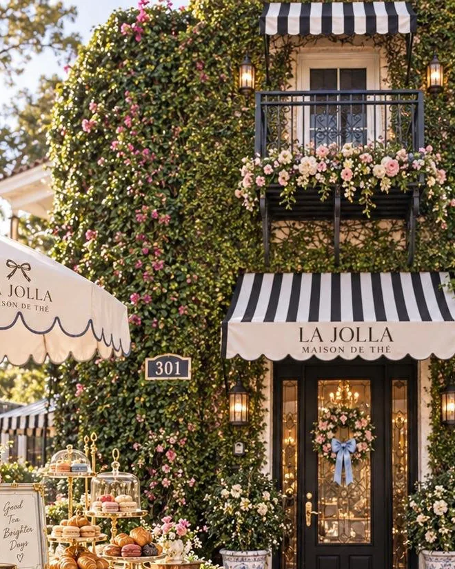 An ivy-covered facade dressed as a tea salon, with striped awnings, flowers on the balcony and a pastry cart.
