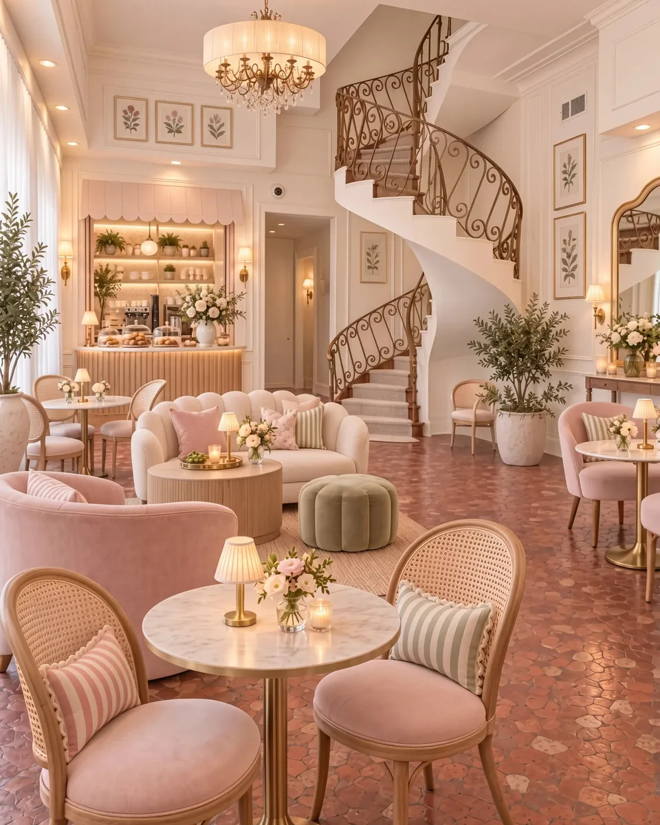 A blush-pink tea salon with velvet chairs, marble tables, small lamps and a curving staircase.