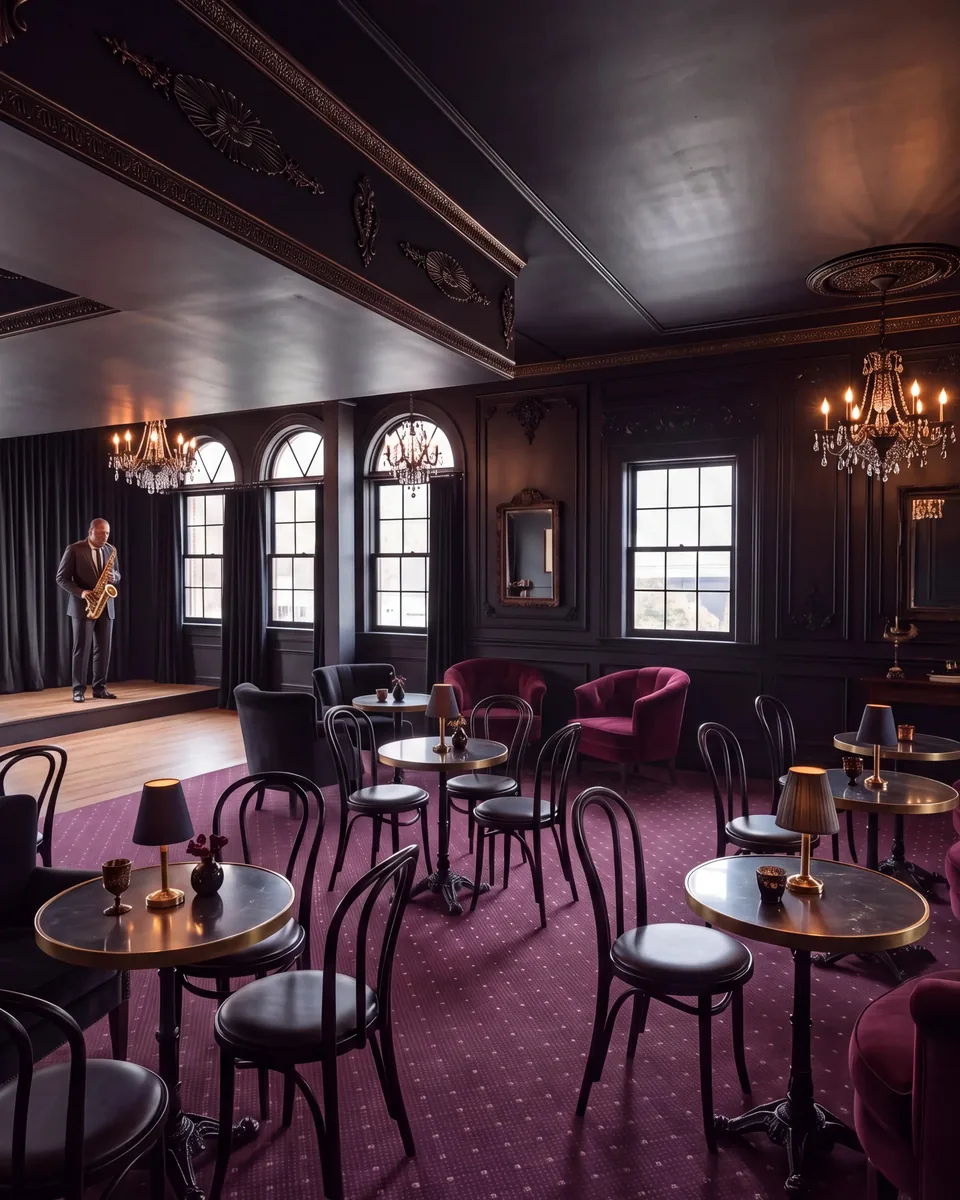 A dark panelled lounge with wine-red velvet armchairs and small lamps on bistro tables, and a saxophonist on a low stage.